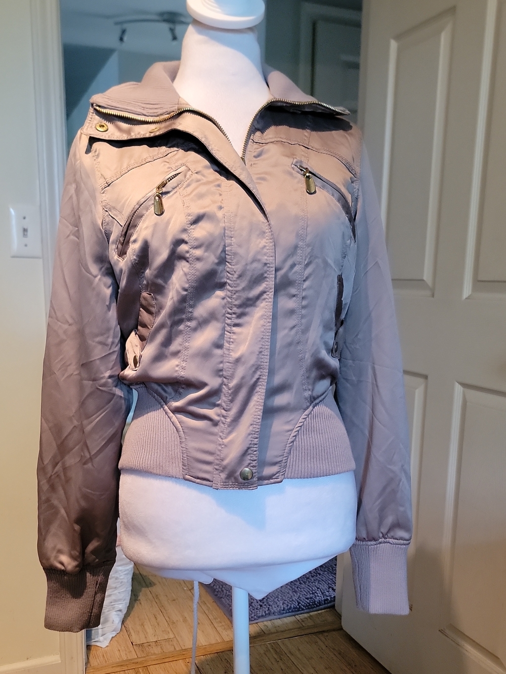 Arden B Taupe Bomber Jacket with Gold Zippers